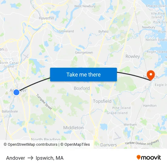Andover to Ipswich, MA map