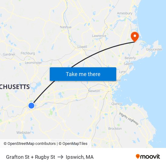 Grafton St + Rugby St to Ipswich, MA map