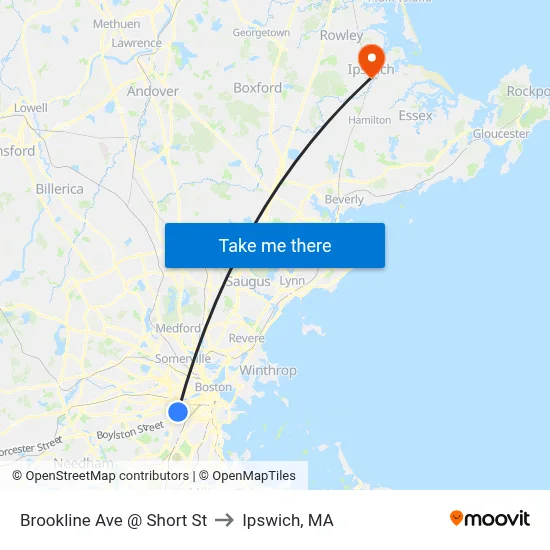 Brookline Ave @ Short St to Ipswich, MA map
