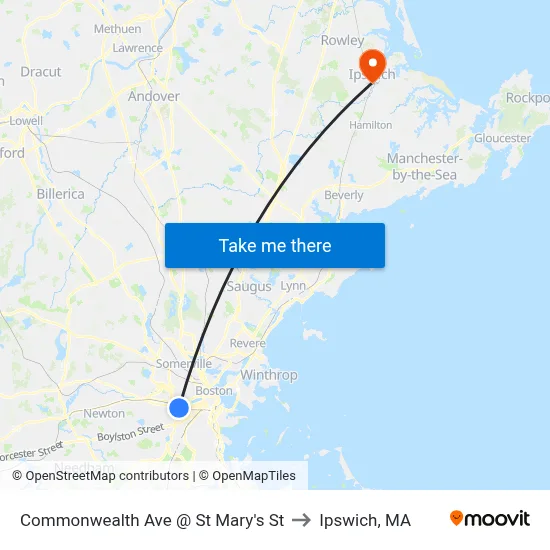 Commonwealth Ave @ St Mary's St to Ipswich, MA map