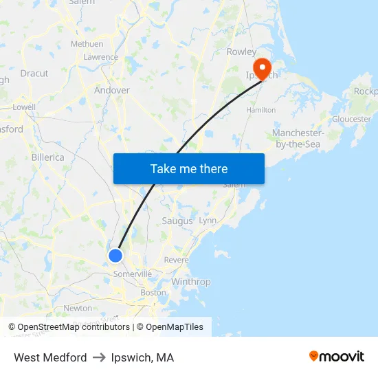 West Medford to Ipswich, MA map