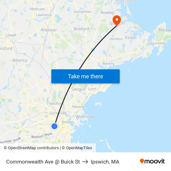 Commonwealth Ave @ Buick St to Ipswich, MA map
