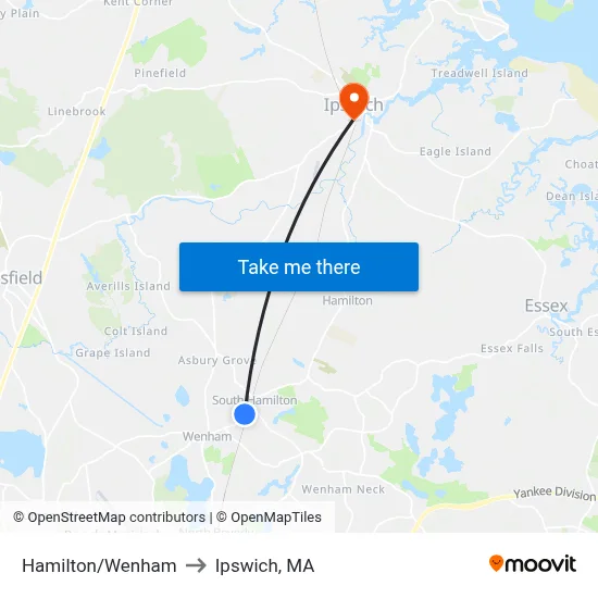 Hamilton/Wenham to Ipswich, MA map