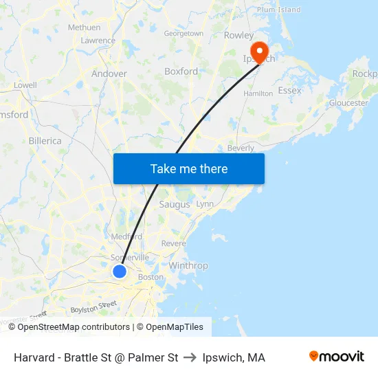 Harvard - Brattle St @ Palmer St to Ipswich, MA map