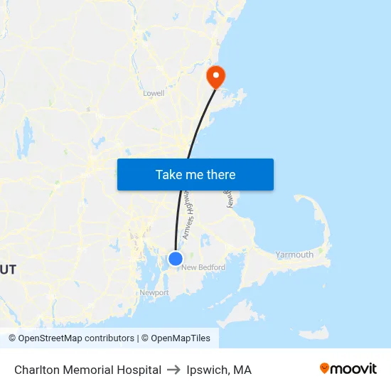 Charlton Memorial Hospital to Ipswich, MA map