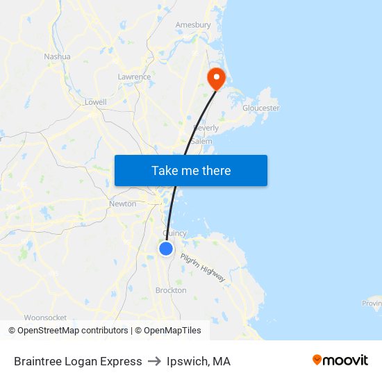 Braintree Logan Express to Ipswich, MA map