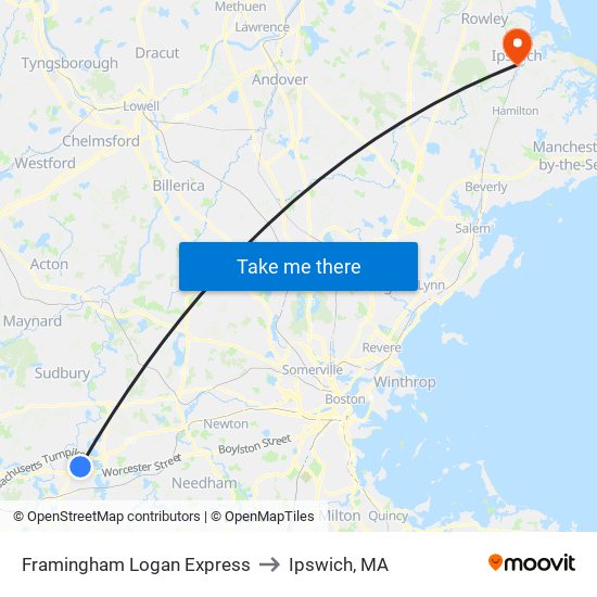 Framingham Logan Express to Ipswich, MA map