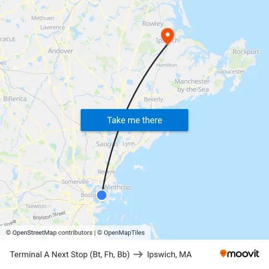 Terminal A Next Stop (Bt, Fh, Bb) to Ipswich, MA map