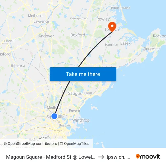 Magoun Square - Medford St @ Lowell St to Ipswich, MA map