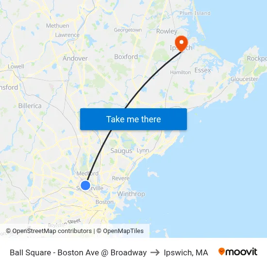 Ball Square - Boston Ave @ Broadway to Ipswich, MA map