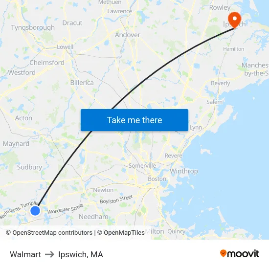 Walmart to Ipswich, MA map