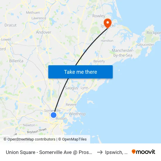 Union Square - Somerville Ave @ Prospect St to Ipswich, MA map