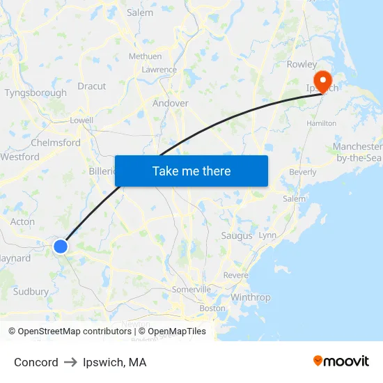 Concord to Ipswich, MA map