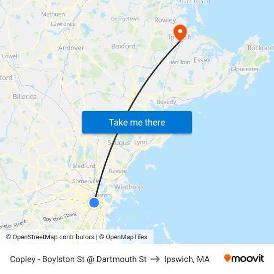 Copley - Boylston St @ Dartmouth St to Ipswich, MA map