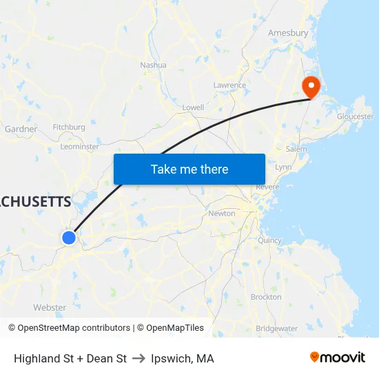 Highland St + Dean St to Ipswich, MA map