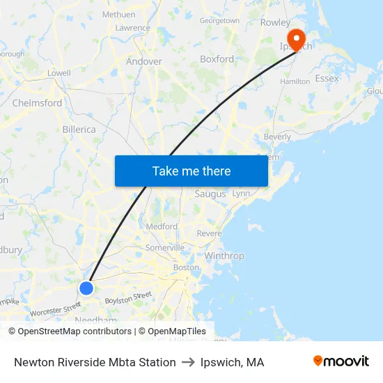 Newton Riverside Mbta Station to Ipswich, MA map
