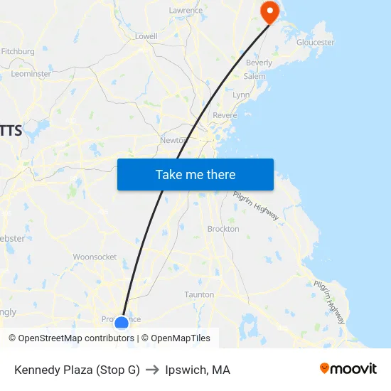 Kennedy Plaza (Stop G) to Ipswich, MA map
