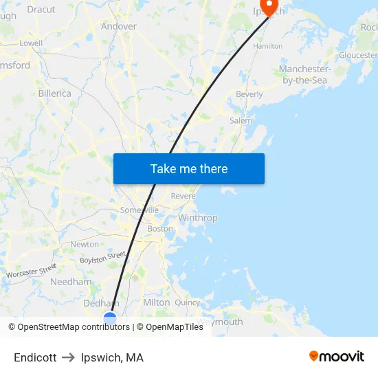 Endicott to Ipswich, MA map