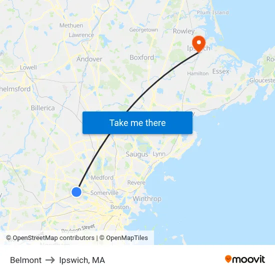 Belmont to Ipswich, MA map