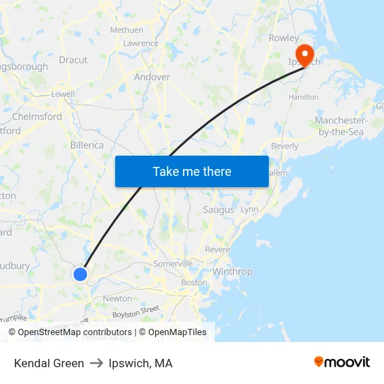 Kendal Green to Ipswich, MA map