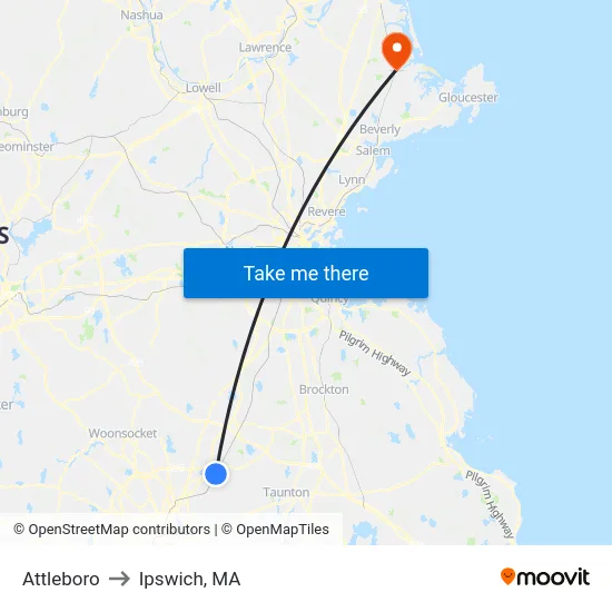 Attleboro to Ipswich, MA map