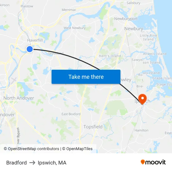 Bradford to Ipswich, MA map