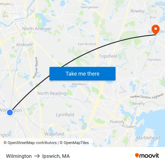 Wilmington to Ipswich, MA map