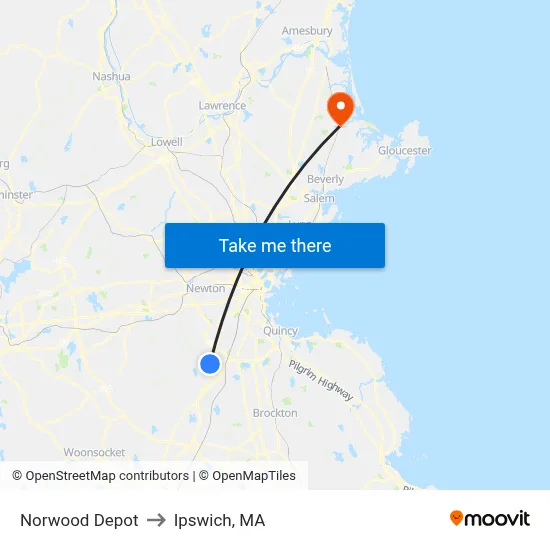 Norwood Depot to Ipswich, MA map