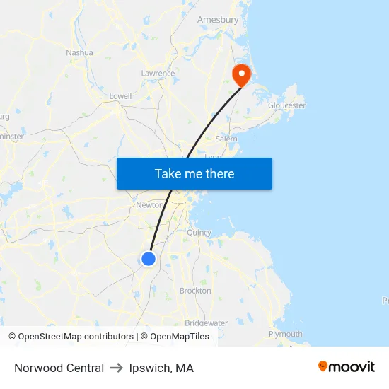 Norwood Central to Ipswich, MA map