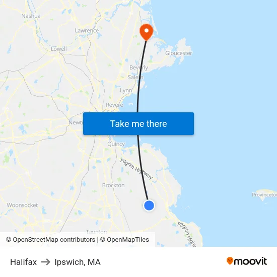Halifax to Ipswich, MA map