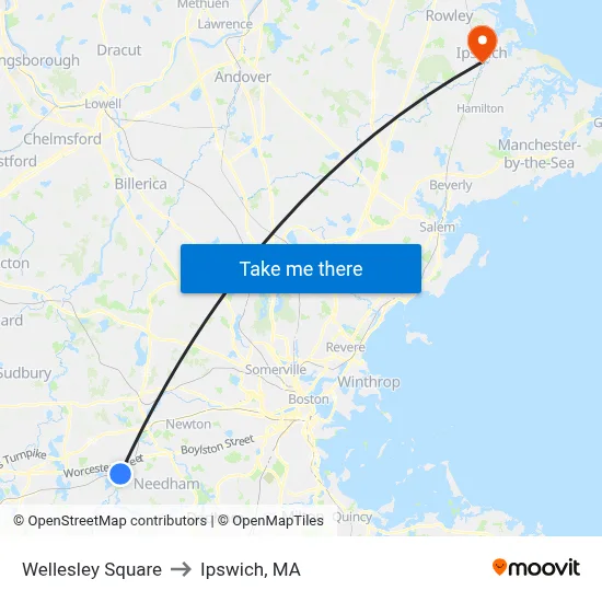 Wellesley Square to Ipswich, MA map