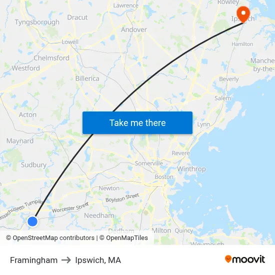 Framingham to Ipswich, MA map