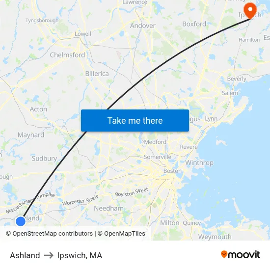 Ashland to Ipswich, MA map