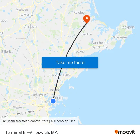 Terminal E to Ipswich, MA map
