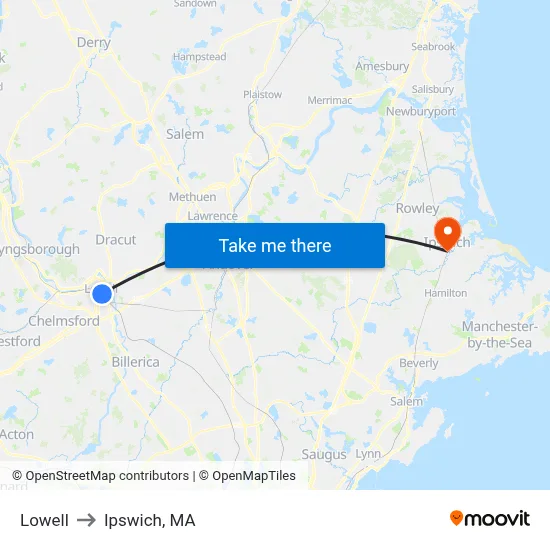 Lowell to Ipswich, MA map
