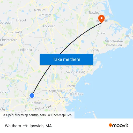 Waltham to Ipswich, MA map
