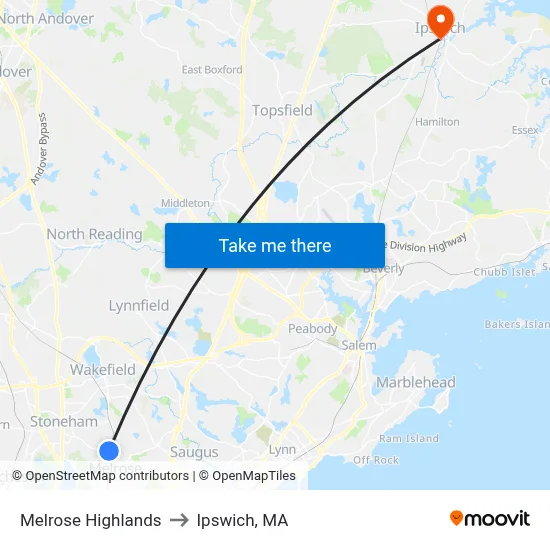 Melrose Highlands to Ipswich, MA map