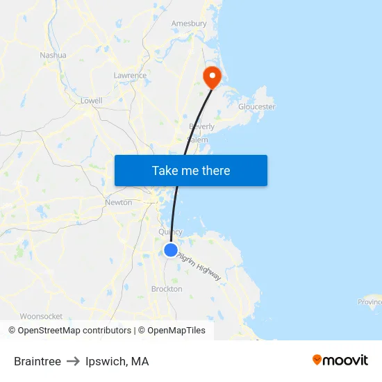 Braintree to Ipswich, MA map