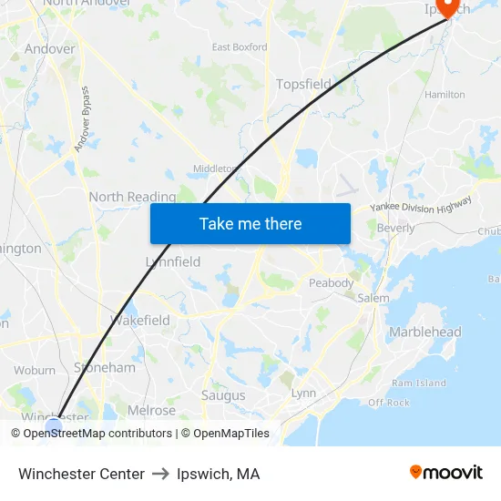 Winchester Center to Ipswich, MA map