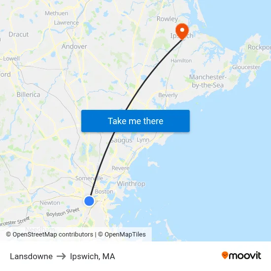 Lansdowne to Ipswich, MA map
