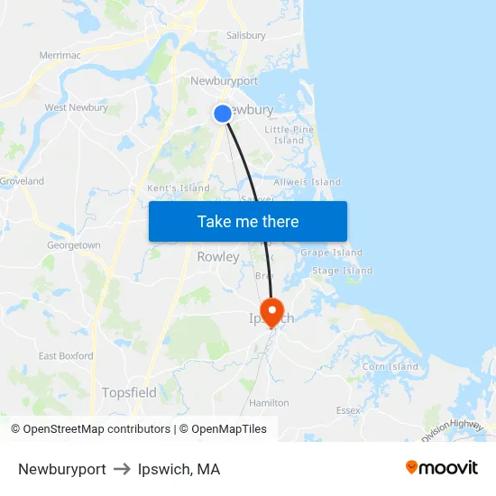 Newburyport to Ipswich, MA map