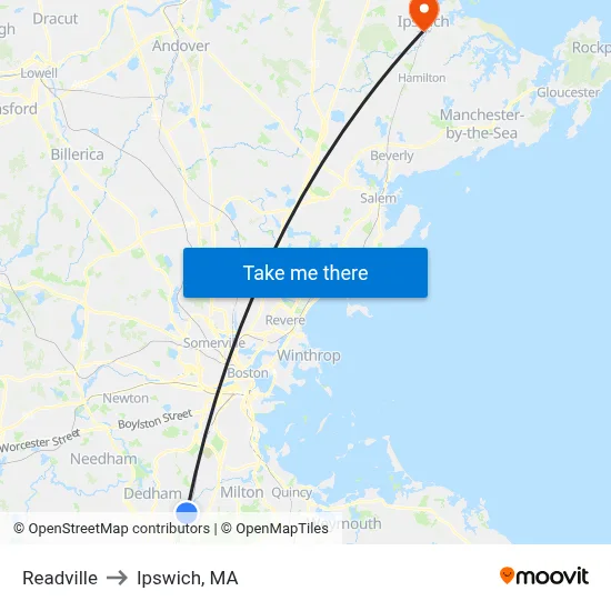 Readville to Ipswich, MA map