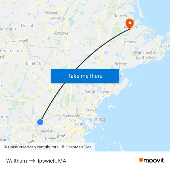 Waltham to Ipswich, MA map