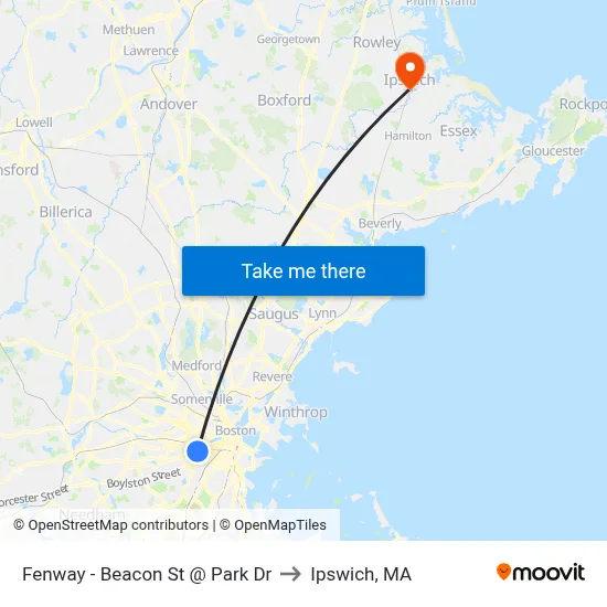 Fenway - Beacon St @ Park Dr to Ipswich, MA map