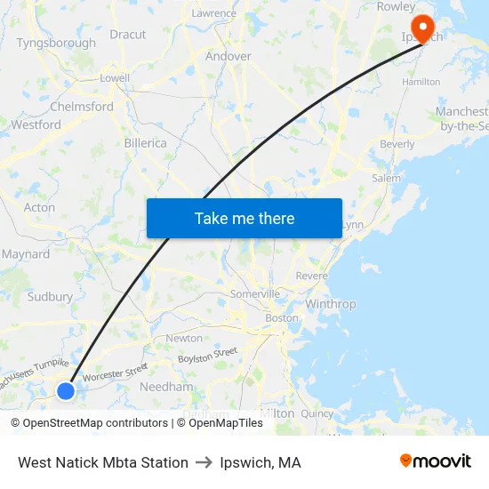 West Natick Mbta Station to Ipswich, MA map