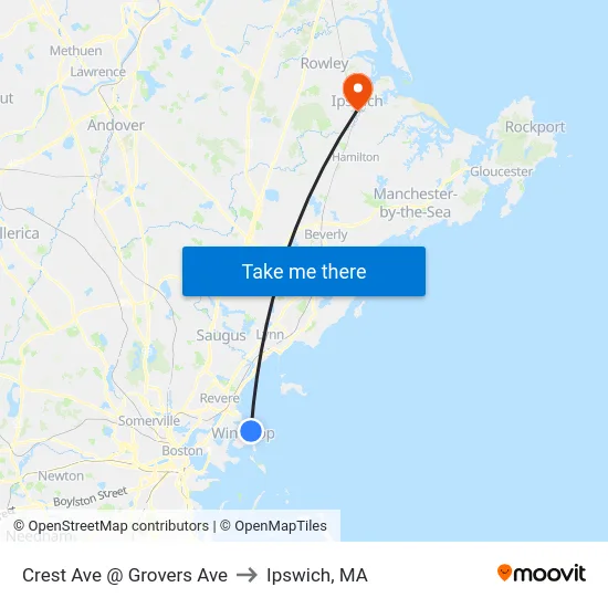 Crest Ave @ Grovers Ave to Ipswich, MA map