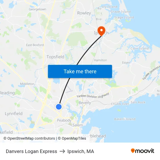 Danvers Logan Express to Ipswich, MA map