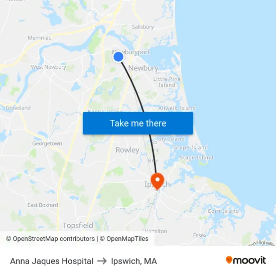 Anna Jaques Hospital to Ipswich, MA map