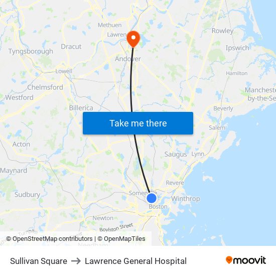 Sullivan Square to Lawrence General Hospital map