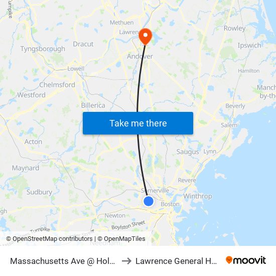 Massachusetts Ave @ Holyoke St to Lawrence General Hospital map